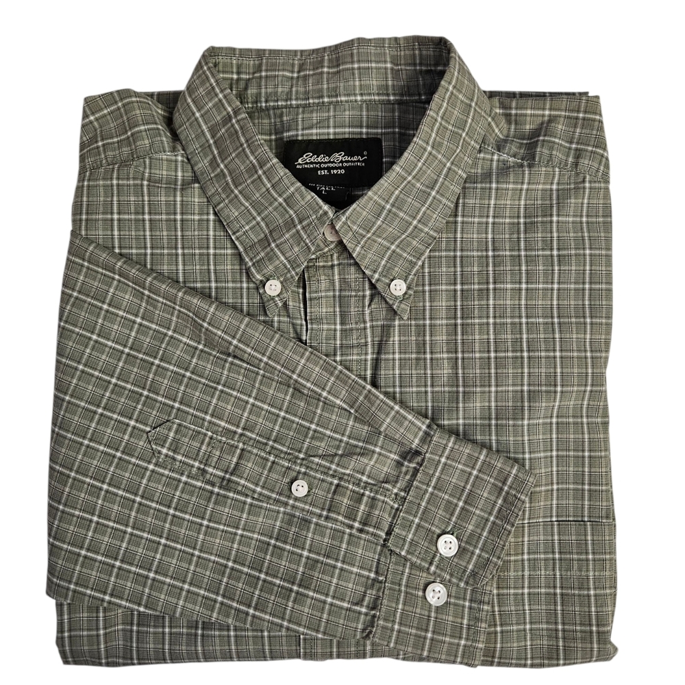 men's Eddie Bauer long sleeve button-down green and white plaid shirt